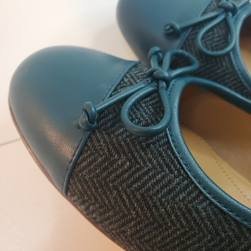 Talbots Teal Herringbone Wool Leather Cap Toe Ballet Flats Bow 10.5M - Picture 4 of 8